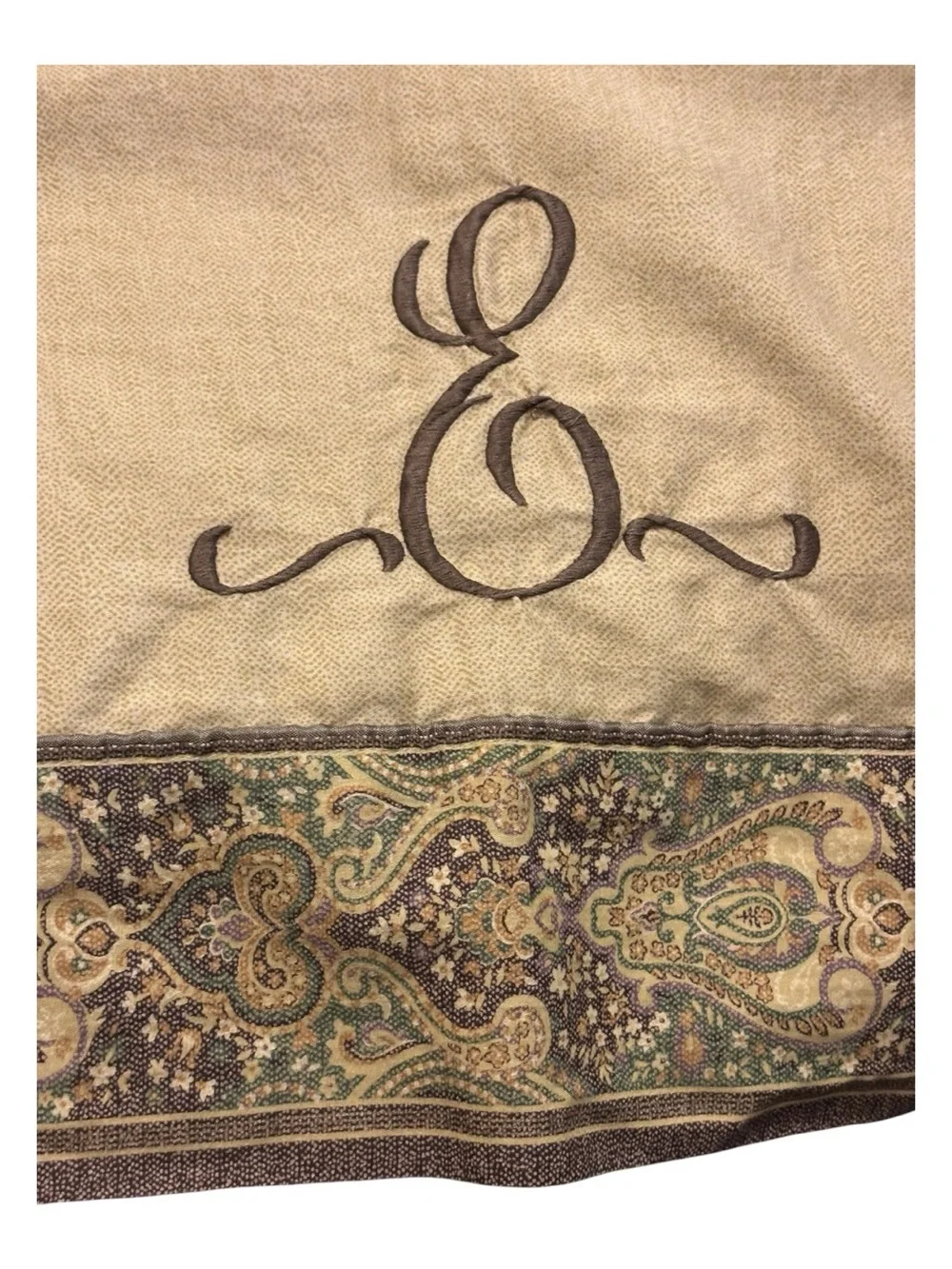 Croscill Home Cream Paisley Flat Sheet Oversized Queen King Monogram E Jacquard